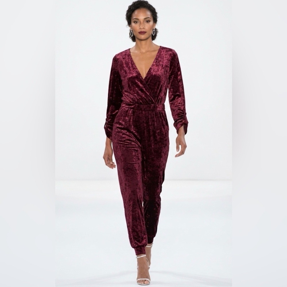 Fashion To Figure Burgundy Crushed Velvet Wrap Jumpsuit Jogger F18-724 Womens 0
